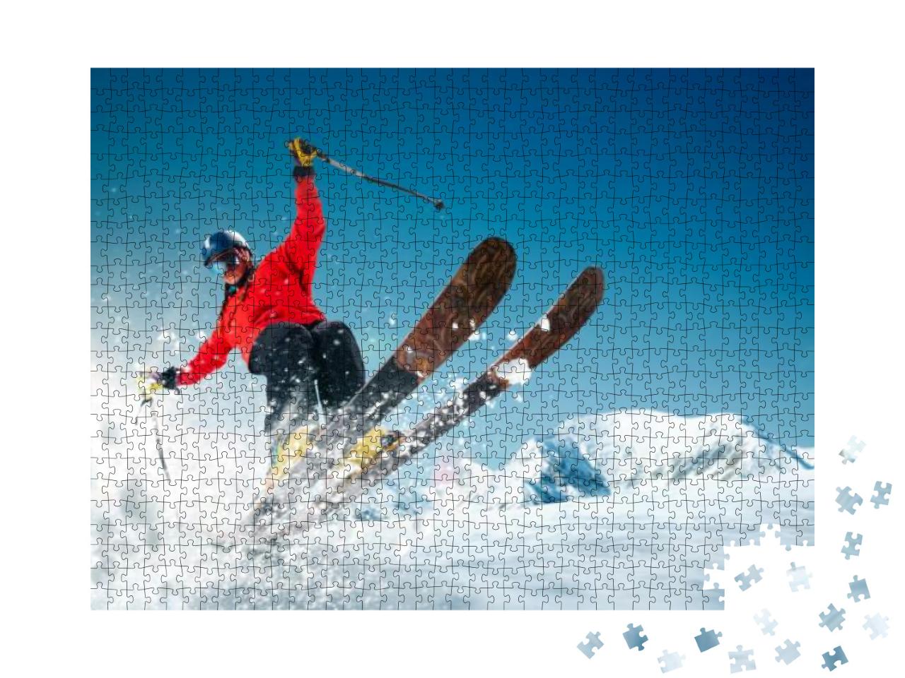 Puzzle 1000 Teile „Blick von unten: Skifahrer beim Sprung“