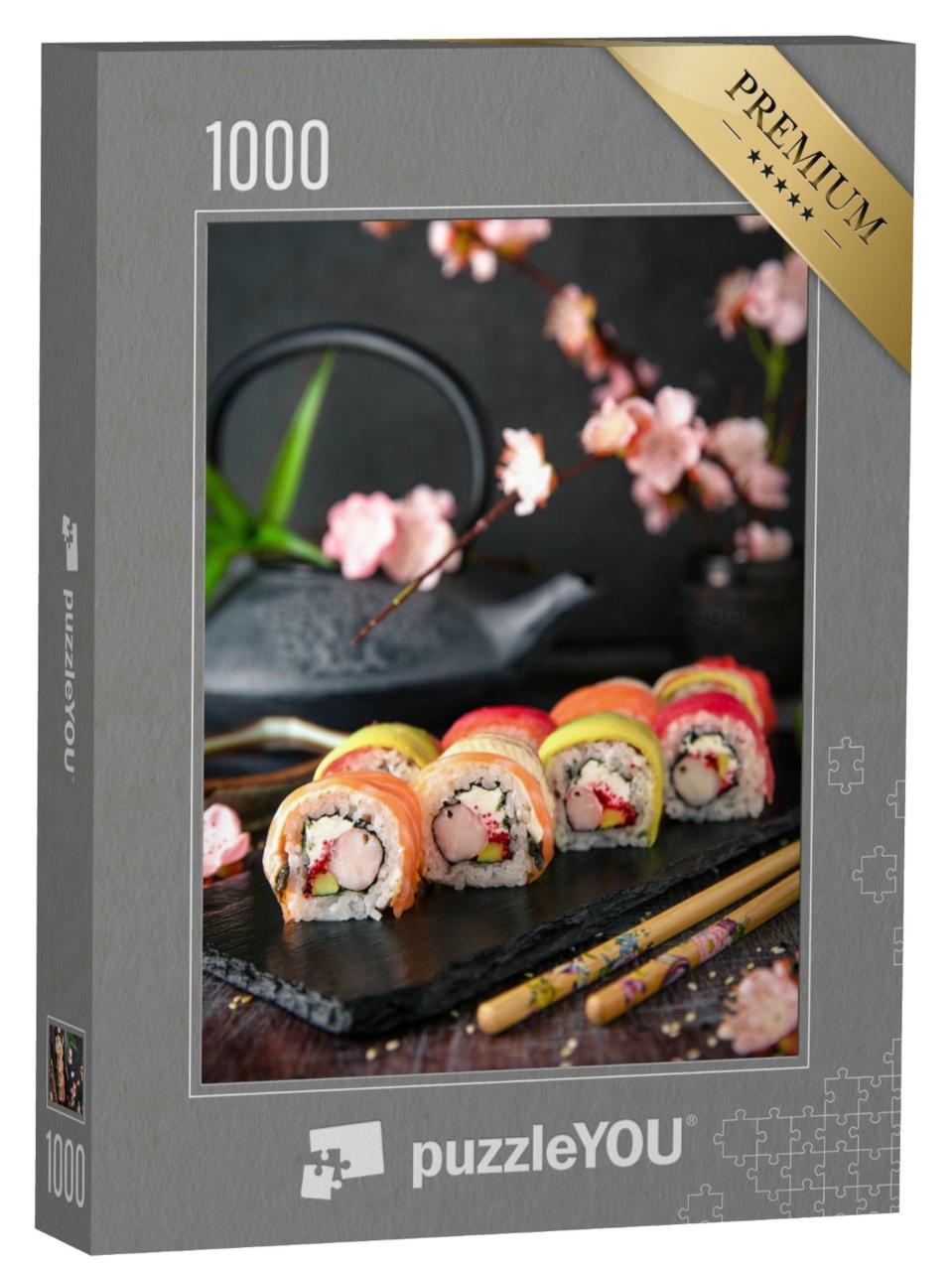 Puzzle 1000 Teile „Regenbogen-Sushi-Rolle mit Lachs, Thunfisch, Avocado, Riesengarnele und Frischkäse“