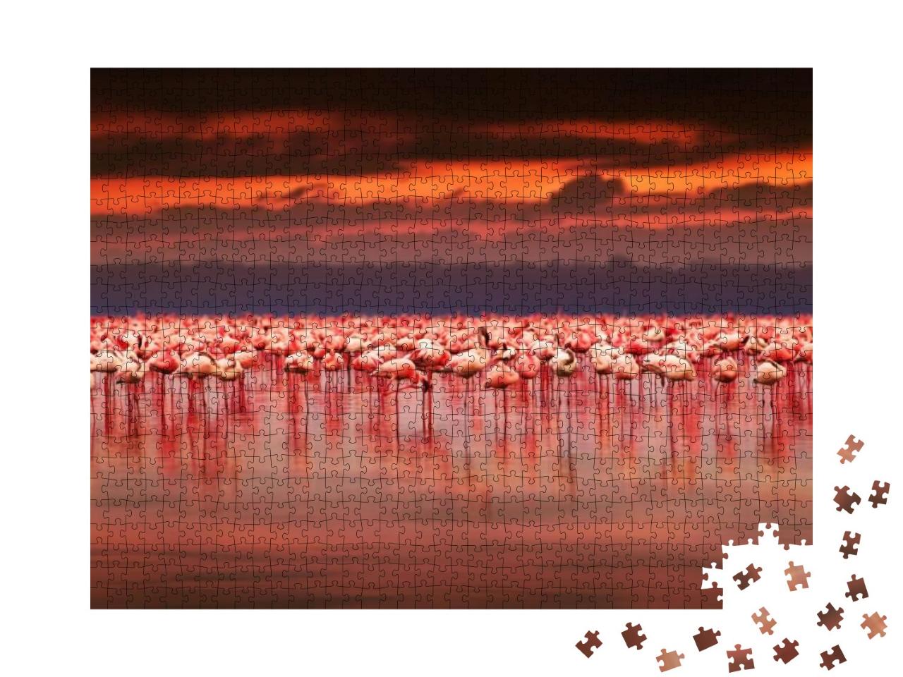 Puzzle 1000 Teile „Spektakulärer Sonnenuntergang über einer Gruppe Flamingos, Kenia“