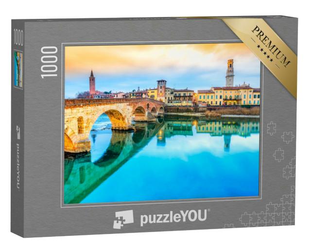 Puzzle 1000 Teile „Wunderschönes Verona mit Etsch und Ponte di Pietra, Italien“