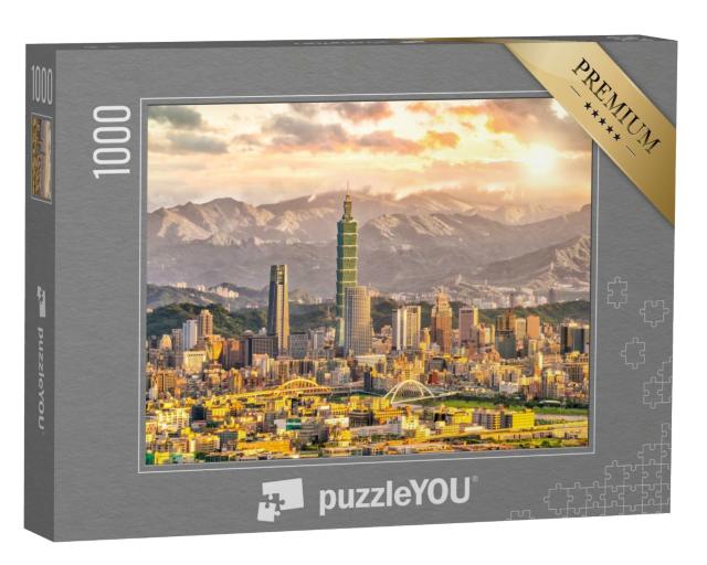 Puzzle 1000 Teile „Skyline von Taipeh mit Berglandschaft bei Sonnenuntergang“