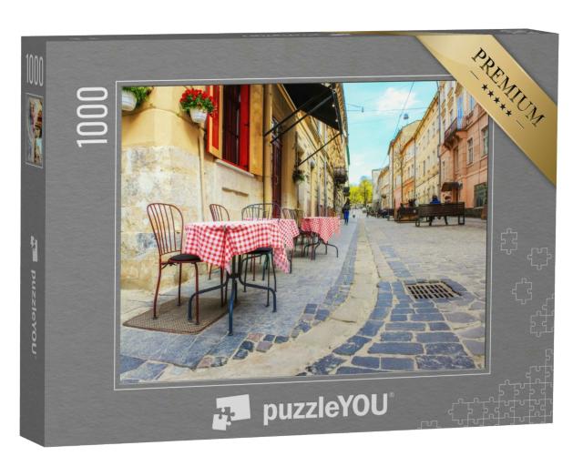 Puzzle 1000 Teile „Malerische Stimmung: Café in der Altstadt von Lviv, Ukraine“