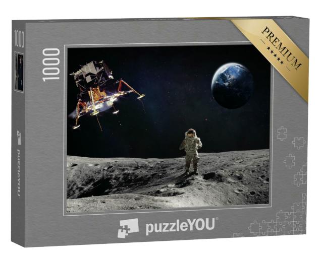 Puzzle 1000 Teile „Mondoberfläche mit Astronaut und landendem Raumschiff“