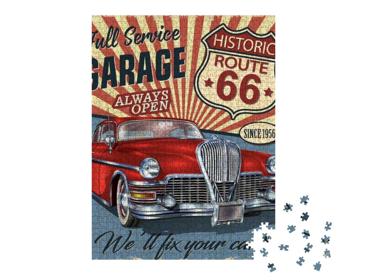 Puzzle 1000 Teile „Vintage Route 66 Schild mit rotem Oldtimer“