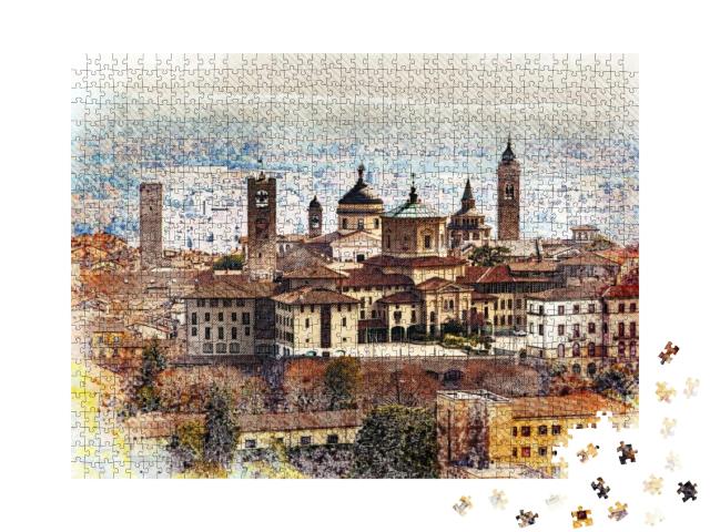 Puzzle 1000 Teile „Bleistiftskizze: Die obere Altstadt von Bergamo“