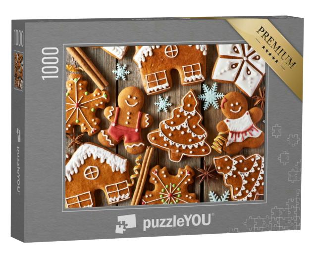 Puzzle 1000 Teile „Hausgemachte, weihnachtliche Lebkuchenmännchen auf Holztisch“