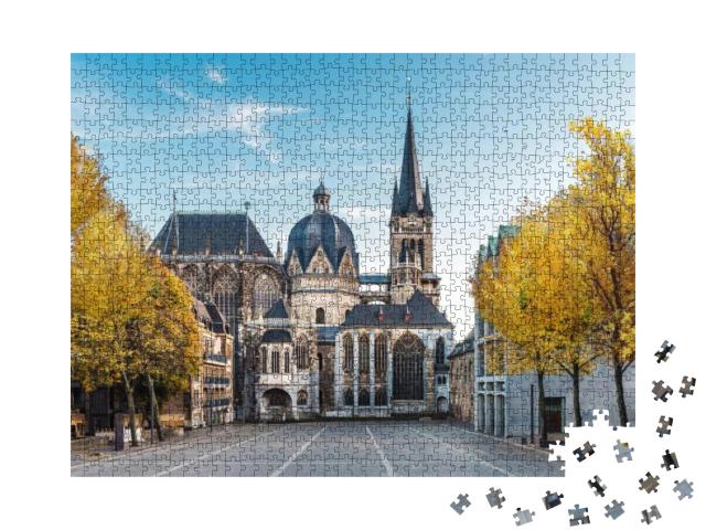 Puzzle 1000 Teile „Riesige gotische Kathedrale in Aachen im Herbst, Deutschland“