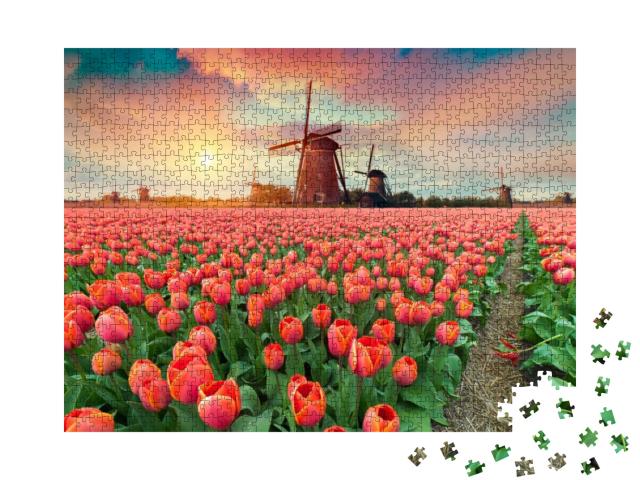 Puzzle 1000 Teile „Sonnenuntergang über Windmühlen und Tulpen, Niederlande“