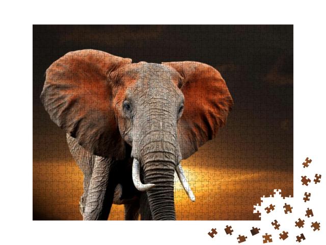 Puzzle 1000 Teile „Elefant bei Sonnenuntergang im Nationalpark von Kenia“