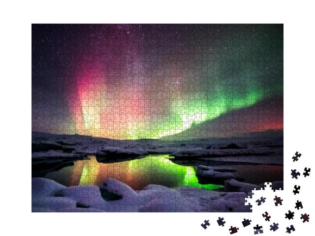 Puzzle 1000 Teile „Ein wunderschönes grünes und rotes Polarlicht, Island“