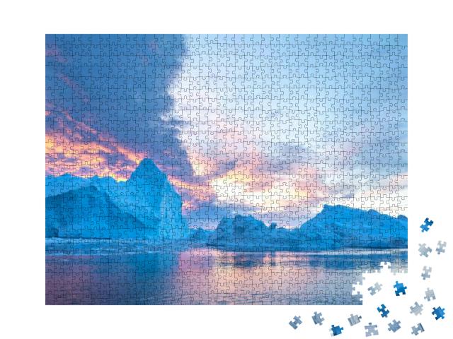 Puzzle 1000 Teile „Eisberg unter einem farbenfrohen Himmel bei Sonnenuntergang, Grönland“