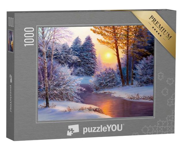 Puzzle 1000 Teile „Winterlandschaft mit Fluss, Ölgemälde“