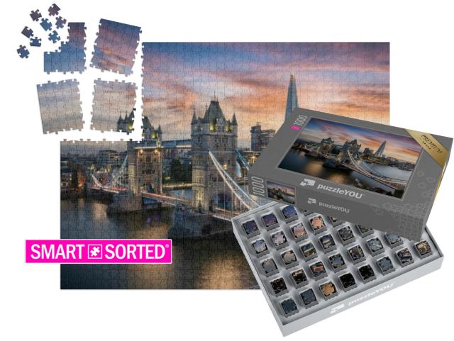 Puzzle „Blick auf die abendlich beleuchtete Tower Bridge, London, England“ | SMART SORTED® 1000 Teile