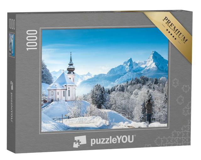 Puzzle 1000 Teile „Winterliche Wallfahrtskirche Maria Gern vor dem Watzmann, Deutschland“