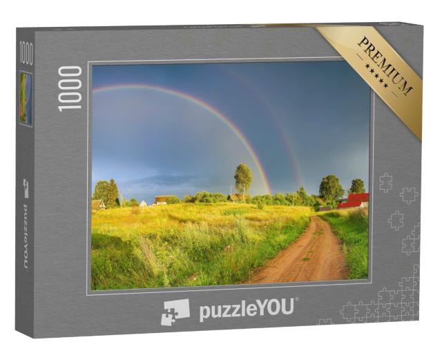Puzzle 1000 Teile „Regenbogen über dunklen Regenwolken in ländlicher Landschaft“
