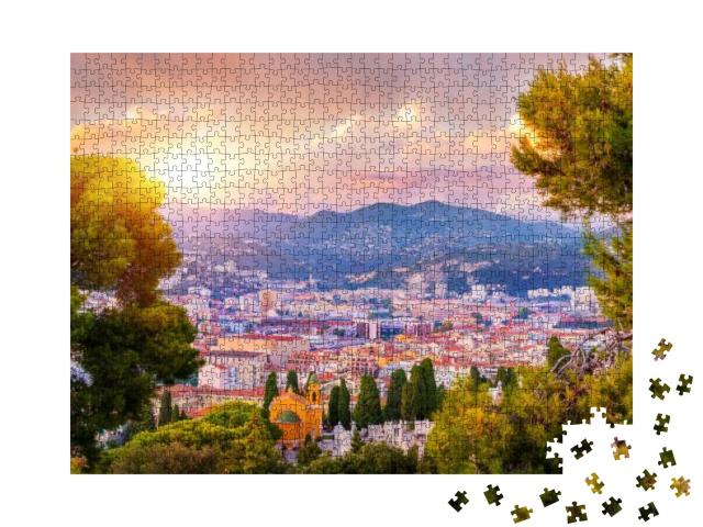 Puzzle 1000 Teile „ Luftaufnahme von Nizza, Cote d'Azur bei Sonnenuntergang, Frankreich“