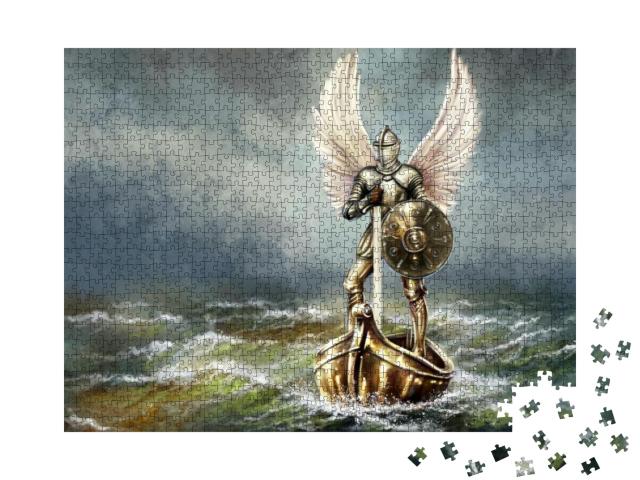 Puzzle 1000 Teile „Meer, Engel mit Schild und mittelalterlichem Schwert“