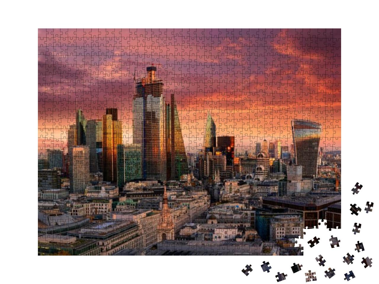 Puzzle 1000 Teile „Feuriger Sonnenuntergang über dem Finanzdistrikt von London“