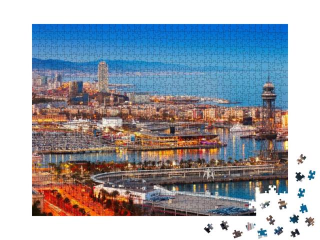 Puzzle 1000 Teile „Barcelona Stadt und Hafen am Abend, Spanien“