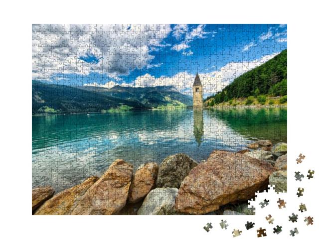 Puzzle 1000 Teile „Glockenturm des Reschensees (Resia) Südtirol“