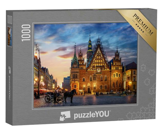 Puzzle 1000 Teile „Marktplatz mit alten Häusern, Rathaus und Sonnenuntergang, Breslau, Polen“