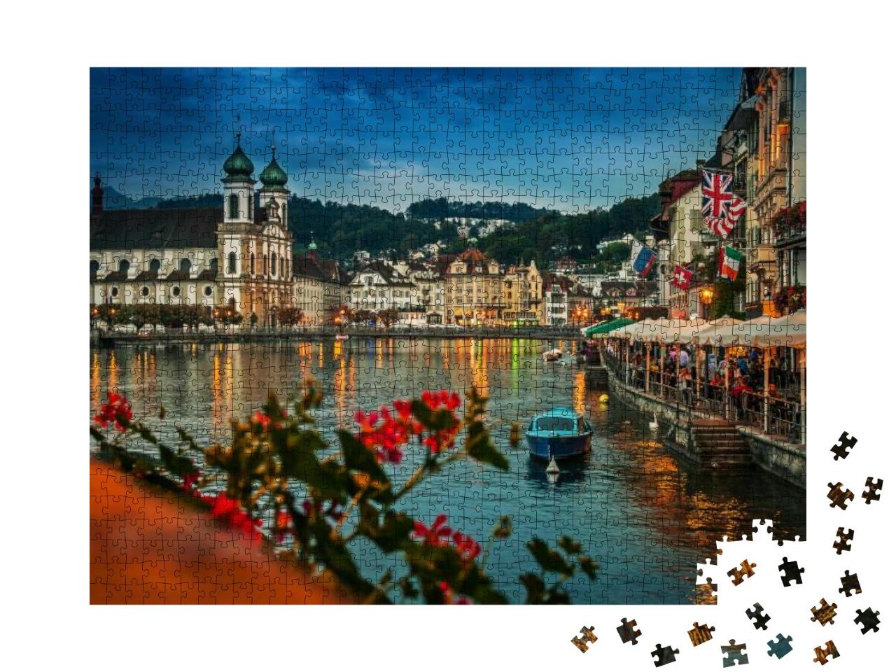 Puzzle 1000 Teile „Reussufer bei Nacht, Luzern, Schweiz“