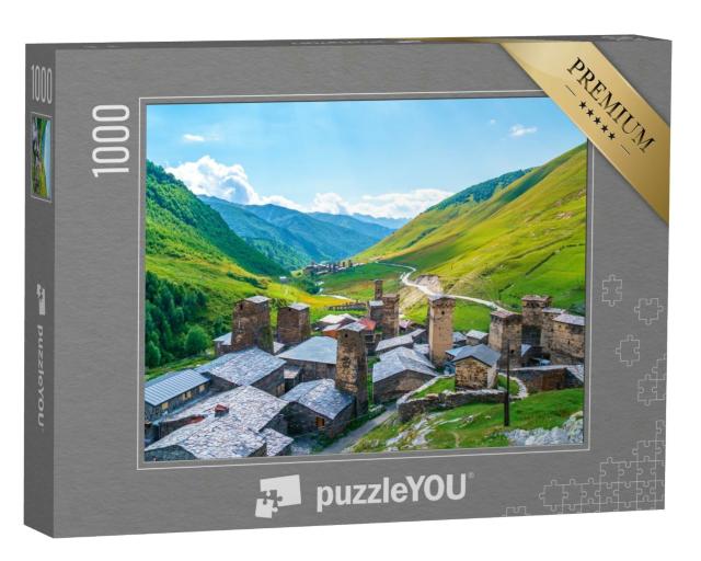 Puzzle 1000 Teile „Malerisches Dorf Ushguli am Fuße des Berges Schchara, Georgien“