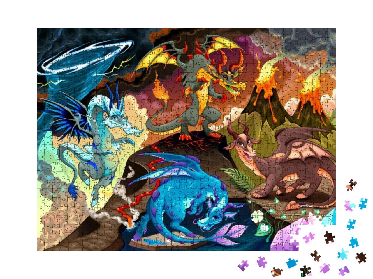 Puzzle 1000 Teile „Illustration: Die vier Elemente als Drachen“
