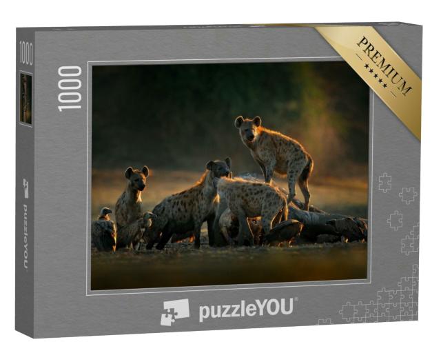 Puzzle 1000 Teile „Hyänen-Rudel und Aasgeier am Elefantenkadaver, Simbabwe“