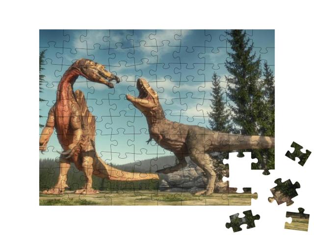 Puzzle 100 Teile „Kampf zwischen Spinosaurus und T Rex auf dem Jurassic Valley“