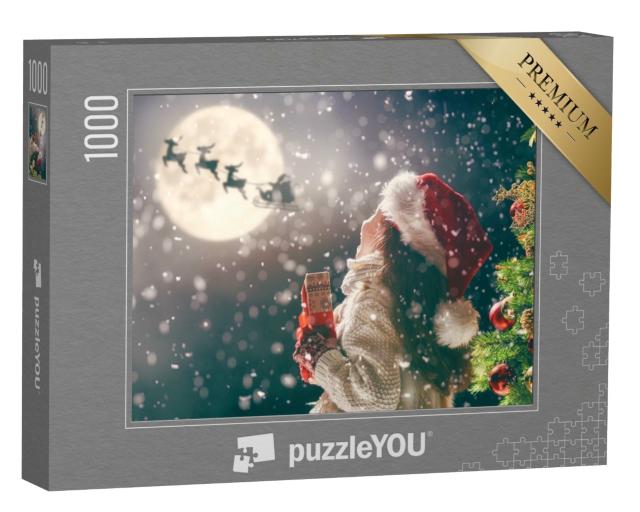 Puzzle 1000 Teile „Frohe Weihnachten: kleines Mädchen mit Weihnachtsgeschenk“