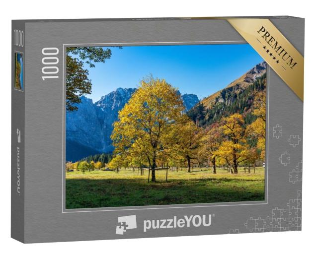 Puzzle 1000 Teile „Sonniger Herbstblick auf die Ahornbäume am Ahornboden, Karwendelgebirge, Österreich“