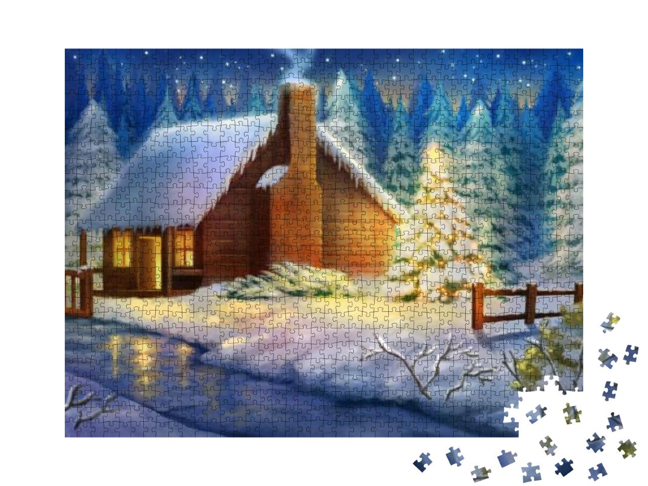 Puzzle 1000 Teile „Weihnachtsnacht über einer verschneiten Hütte im Wald“