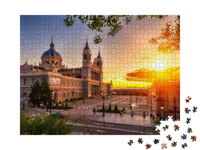 Puzzle 1000 Teile „Sonnenuntergang an der Kathedrale Santa Maria la Real de La Almudena in Madrid“