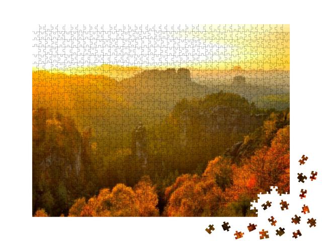Puzzle 1000 Teile „Sächsische Schweiz: Blick vom Carolafelsen bei Sonnenuntergang“