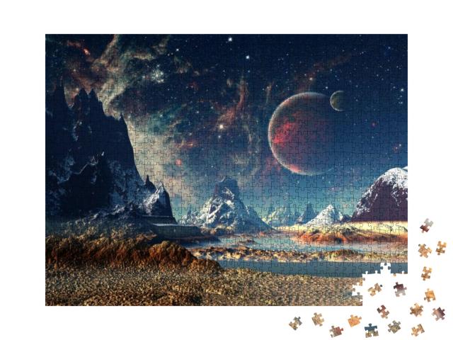 Puzzle 1000 Teile „Außerirdischer Planet mit Mond und Bergen“
