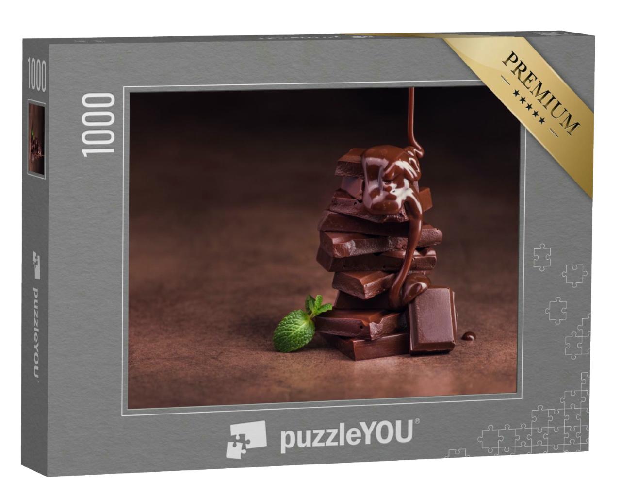 Puzzle 1000 Teile „Ein kleiner Turm aus Schokolade, garniert mit einem grünem Minzblatt“