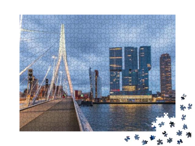 Puzzle 1000 Teile „Skyline von Rotterdam, schöne Aussicht nach Sonnenuntergang“