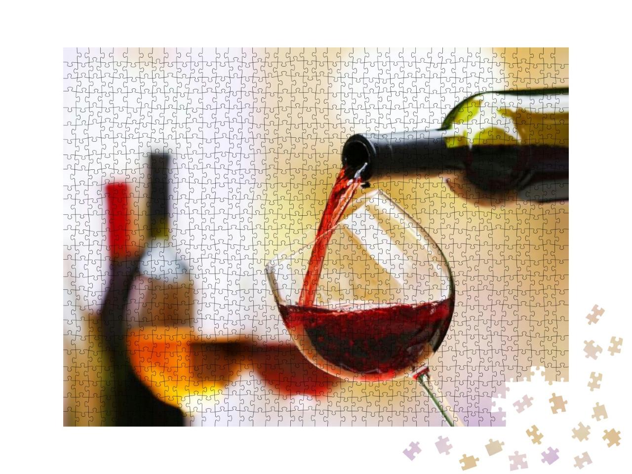 Puzzle 1000 Teile „Rotwein fließt in ein Weinglas als Nahaufnahme “