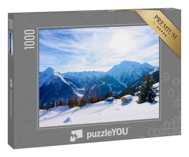 Puzzle 1000 Teile „Skigebiet Mayrhofen mit Chalets im malerischen Zillertal, Tirol, Österreich im Winter“