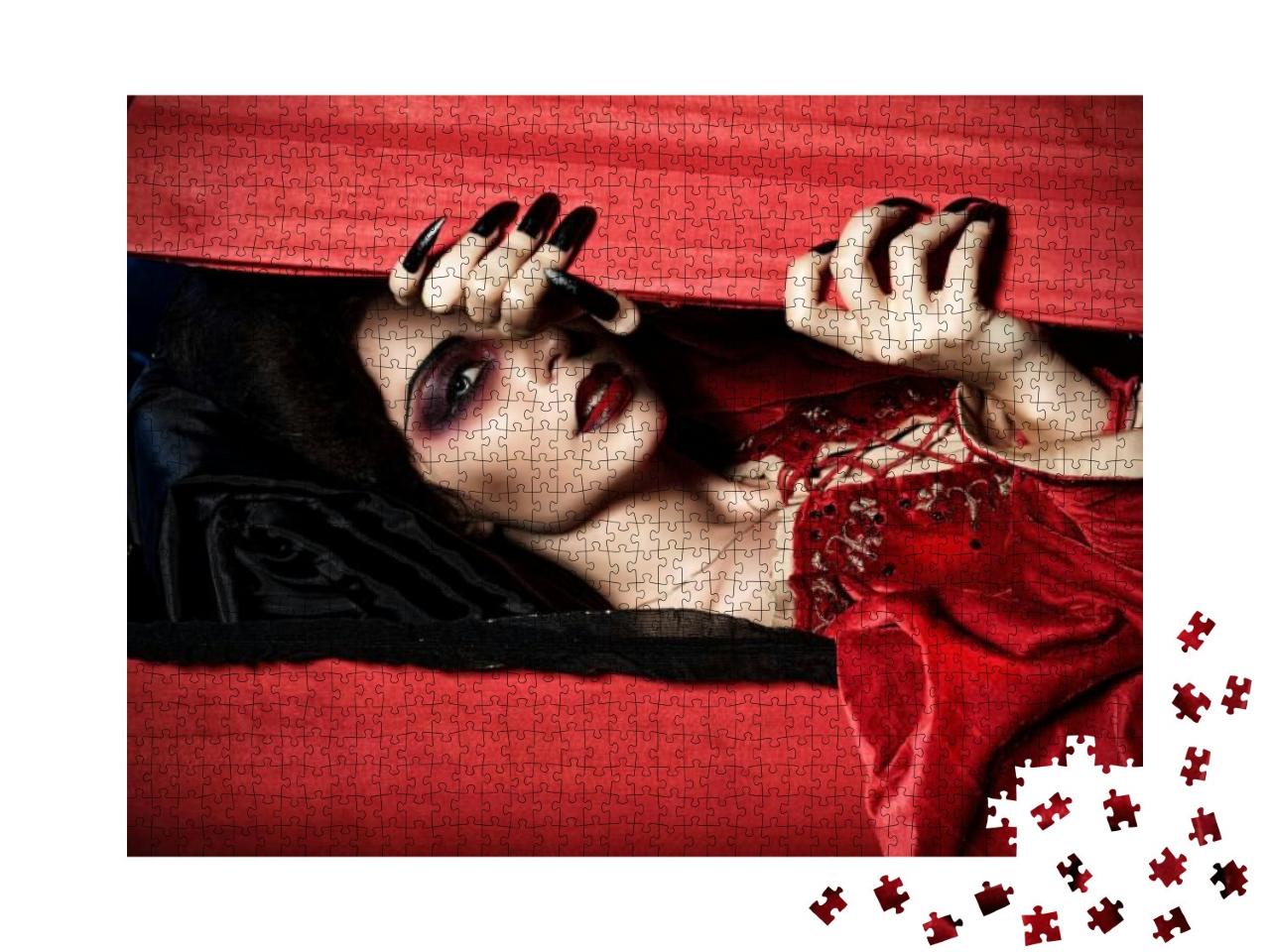 Puzzle 1000 Teile „Ein Vampir im roten Kleid erhebt sich aus dem Sarg“