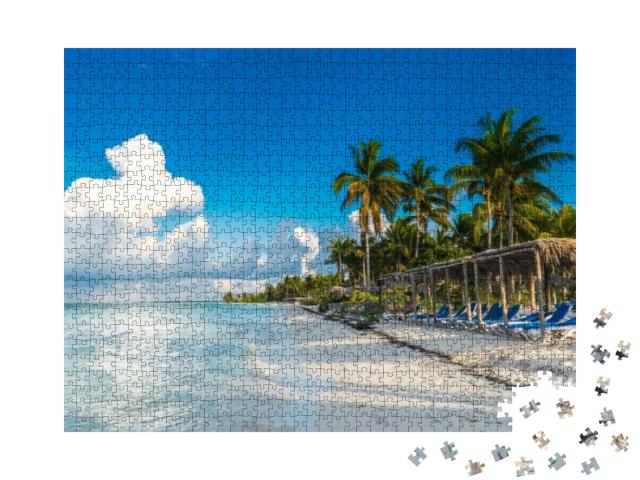 Puzzle 1000 Teile „Ein Sitzplatz vor dem karibischen Meer am Strand, Cayo Gulliermo, Kuba“