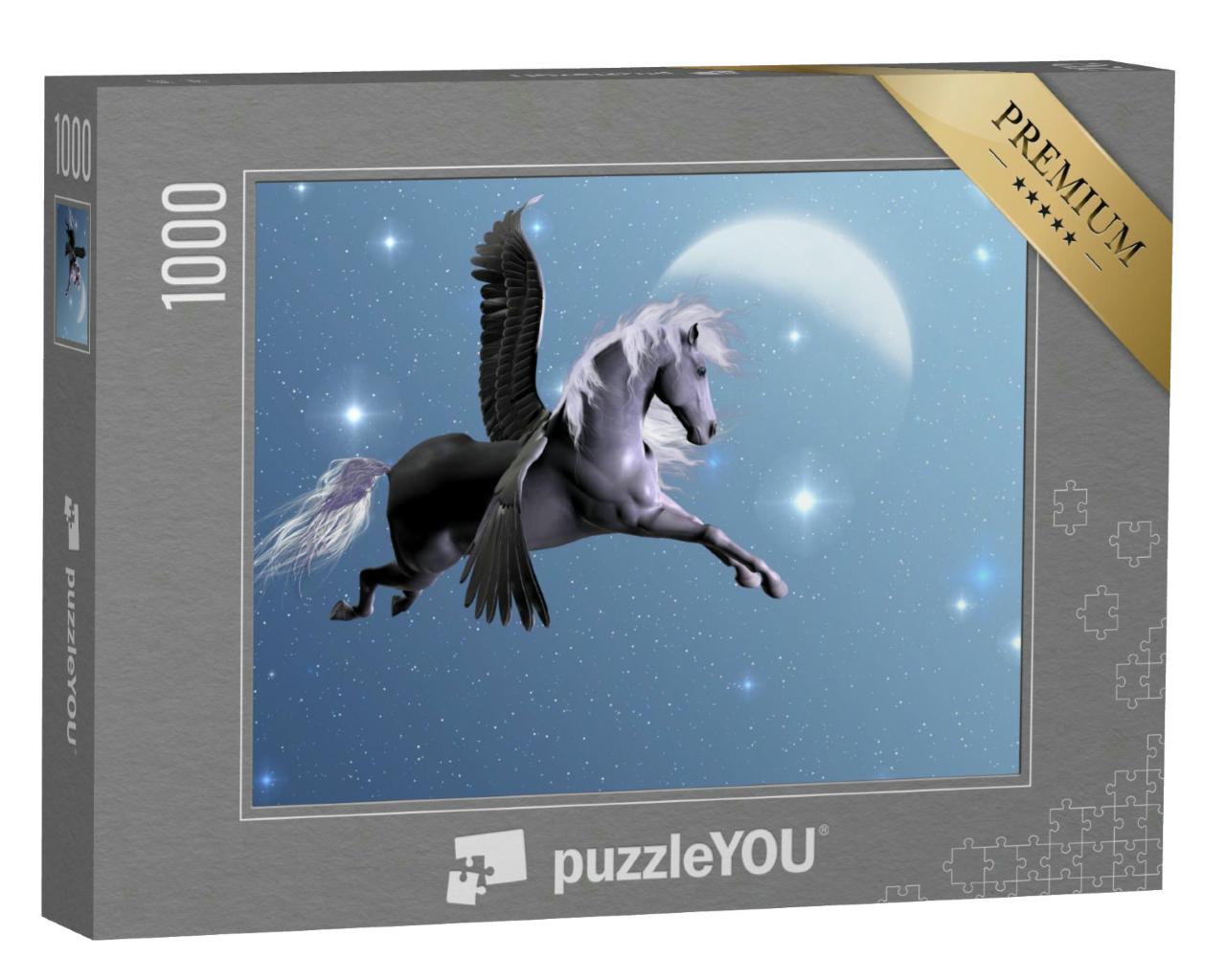 Puzzle 1000 Teile „Der silberne Pegasus fliegt in einer hellen Nacht nahe den Sternen und dem Mond“