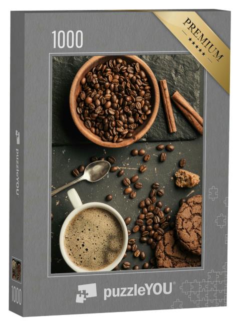 Puzzle 1000 Teile „Ensemble aus gerösteten Kaffeebohnen, Kaffee und Keksen“