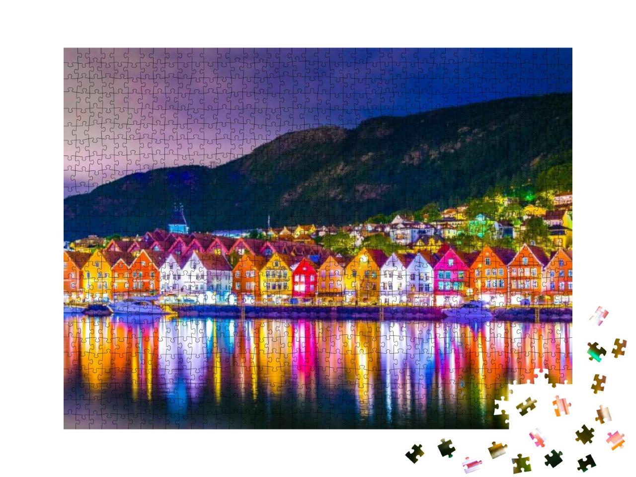 Puzzle 1000 Teile „Abendliche Beleuchtung des Holzviertels Bryggen in Bergen, Norwegen“