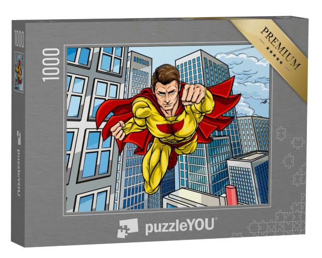 Puzzle 1000 Teile „Cartoon-Superheld fliegt über eine Stadt “