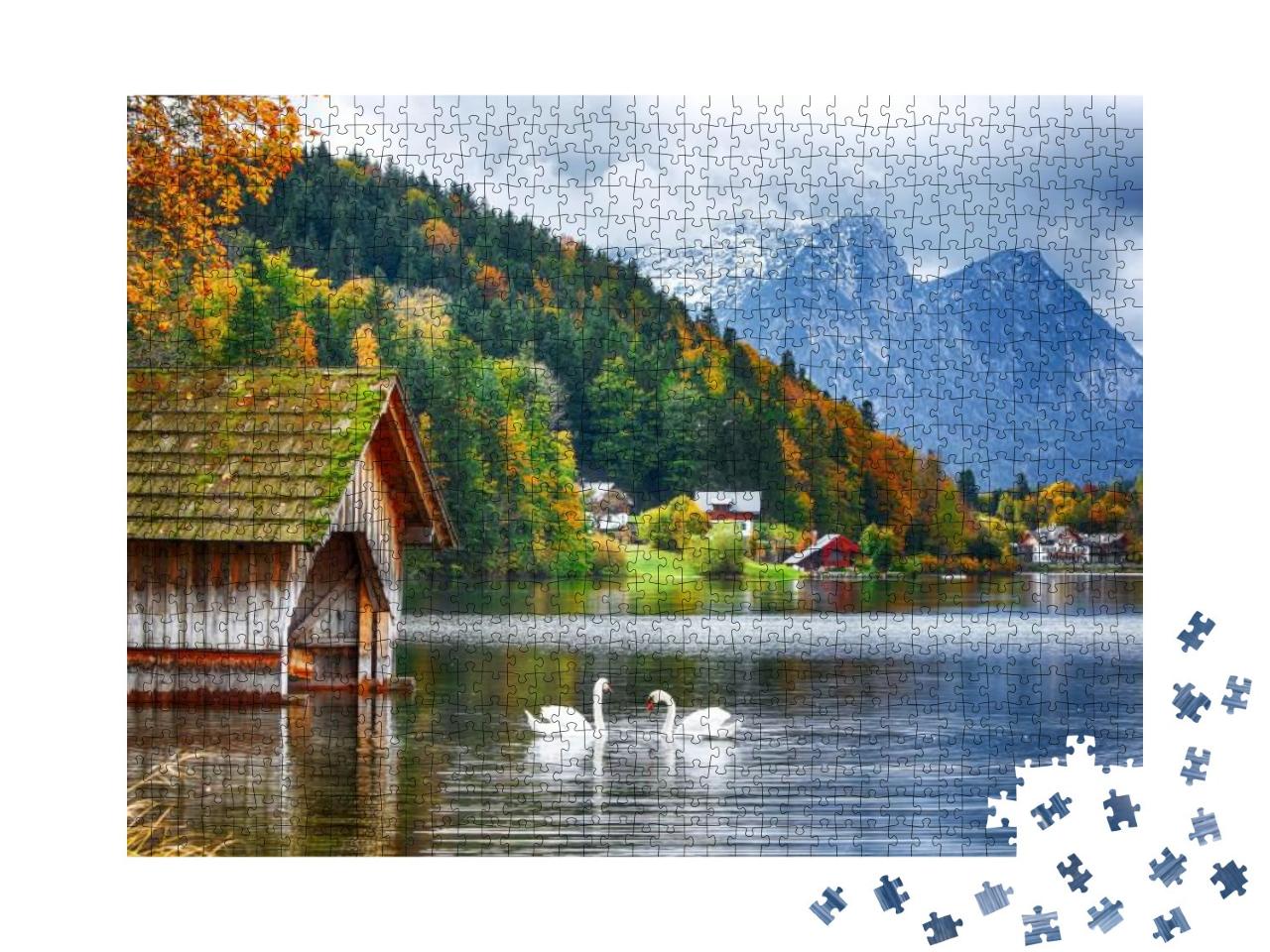 Puzzle 1000 Teile „Zwei weiße Schwäne auf dem Grundlsee, Steiermark, Österreich“