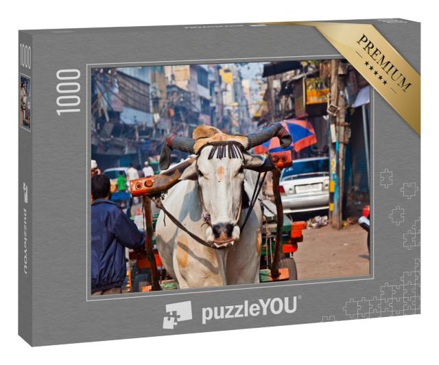 Puzzle 1000 Teile „Ochsenkarren-Transport am frühen Morgen in Alt-Delhi, Indien“