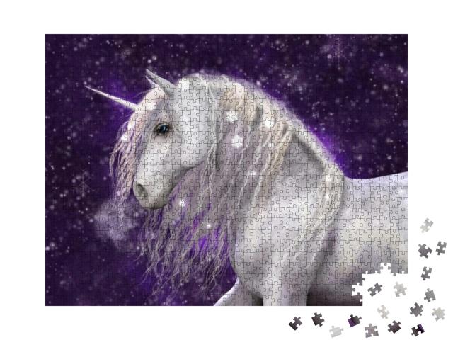 Puzzle 1000 Teile „Ein wunderschönes weißes Einhorn mit silberner Mähne mit Schnee “