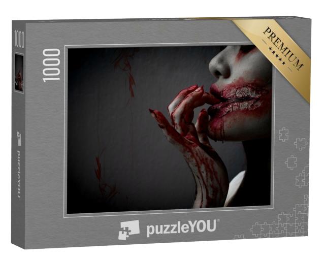 Puzzle 1000 Teile „Zombie-Frau mit Blut an der Hand und am Mund “
